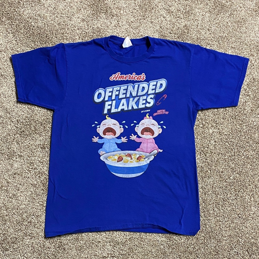 Blue Graphic T-Shirt with Cartoon Design americas offended flakes medium